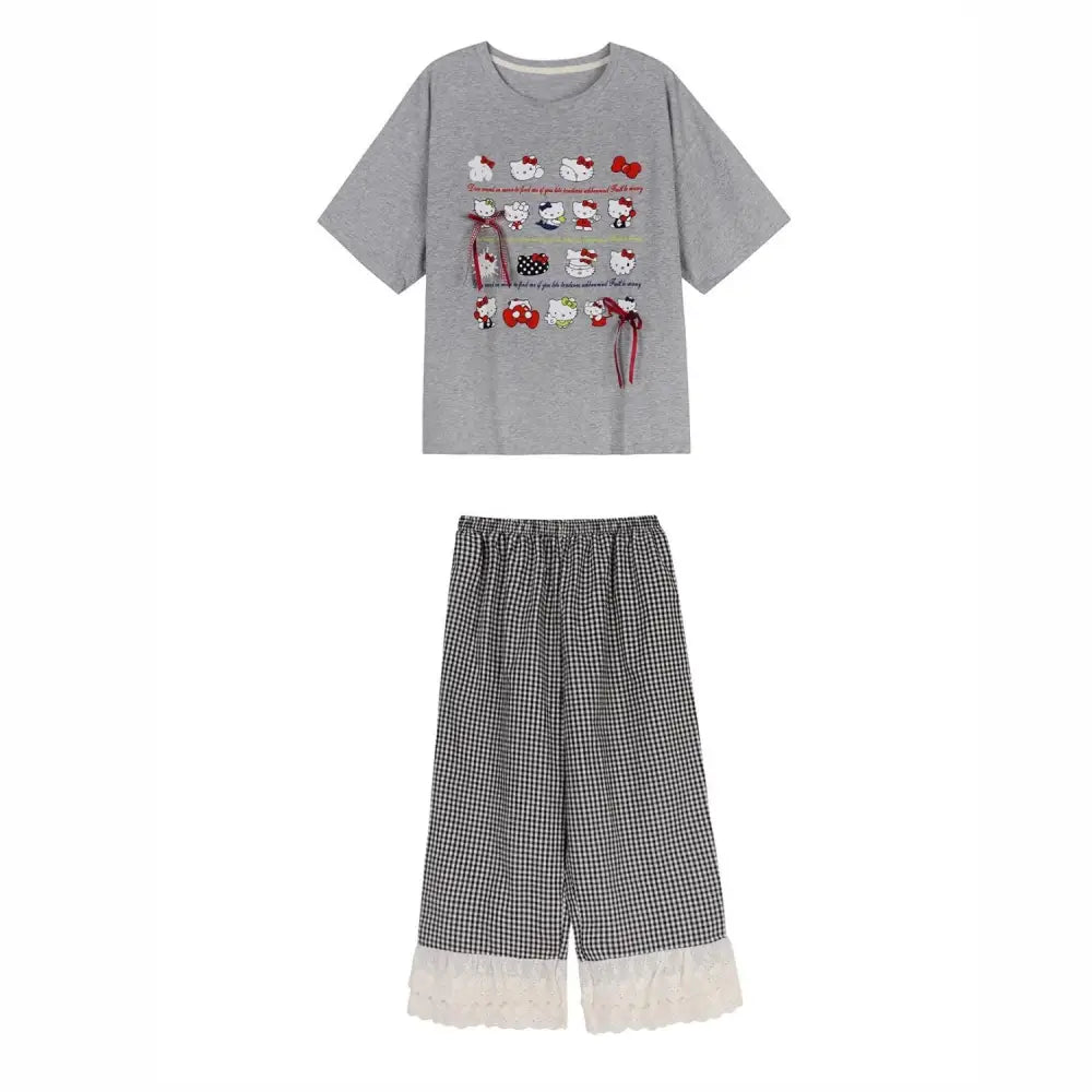 ID881 KITTY 猫柄 パジャマ セットアップ プルオーバー Tシャツ レース パンツ ルームウエア 半袖 トップス リラックス 冷房対策 大きいサイズ グレー / M レディース＞セットアップ