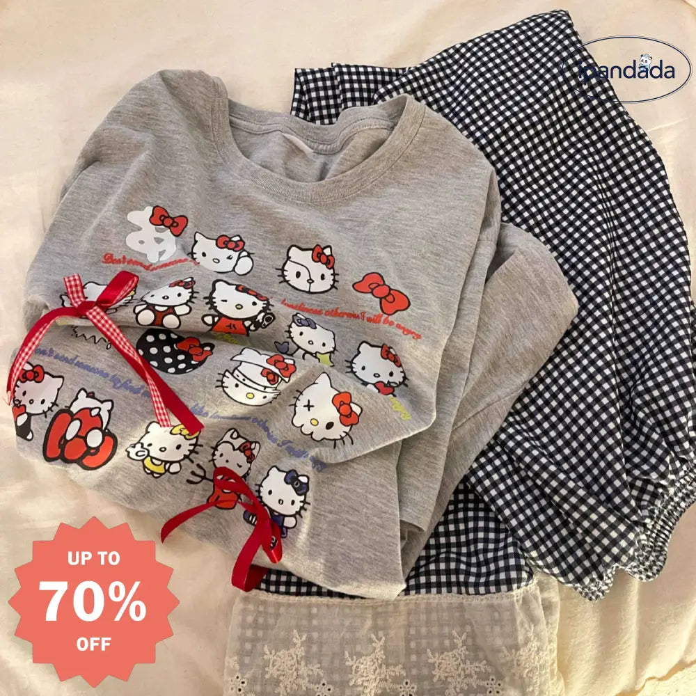 ID881 KITTY 猫柄 パジャマ セットアップ プルオーバー Tシャツ レース パンツ ルームウエア 半袖 トップス リラックス 冷房対策 大きいサイズ レディース＞セットアップ