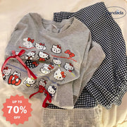 ID881 KITTY 猫柄 パジャマ セットアップ プルオーバー Tシャツ レース パンツ ルームウエア 半袖 トップス リラックス 冷房対策 大きいサイズ レディース＞セットアップ