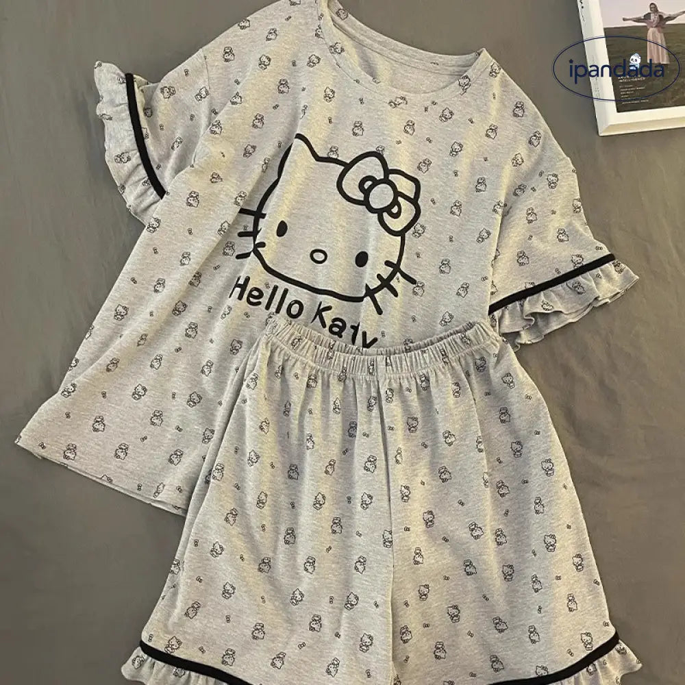 ID884 パジャマ レディース 夏用 和風 半袖 ショートパンツ 薄手 キュート カートゥーン ハローキティ フリル 学生寮 ホームウェア ルームウェア 部屋着 レディース＞セットアップ