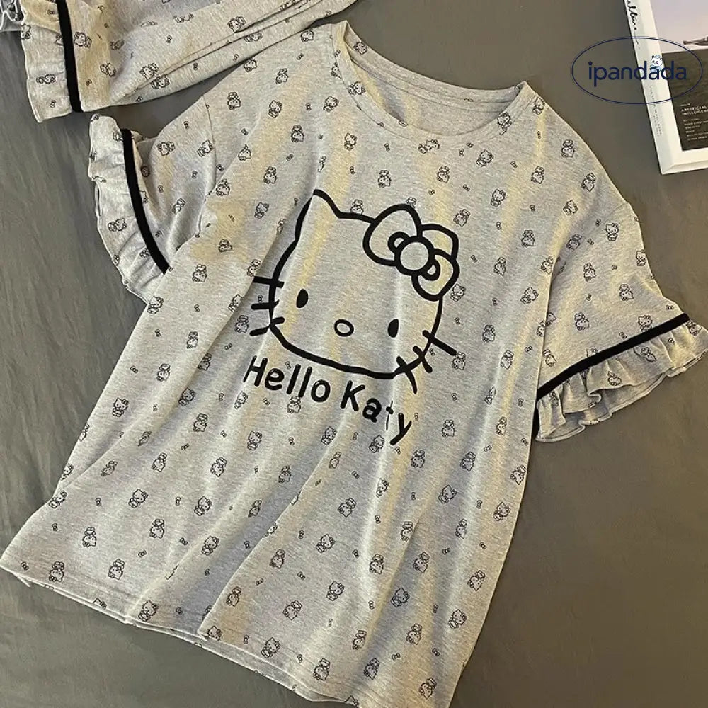 ID884 パジャマ レディース 夏用 和風 半袖 ショートパンツ 薄手 キュート カートゥーン ハローキティ フリル 学生寮 ホームウェア ルームウェア 部屋着 レディース＞セットアップ