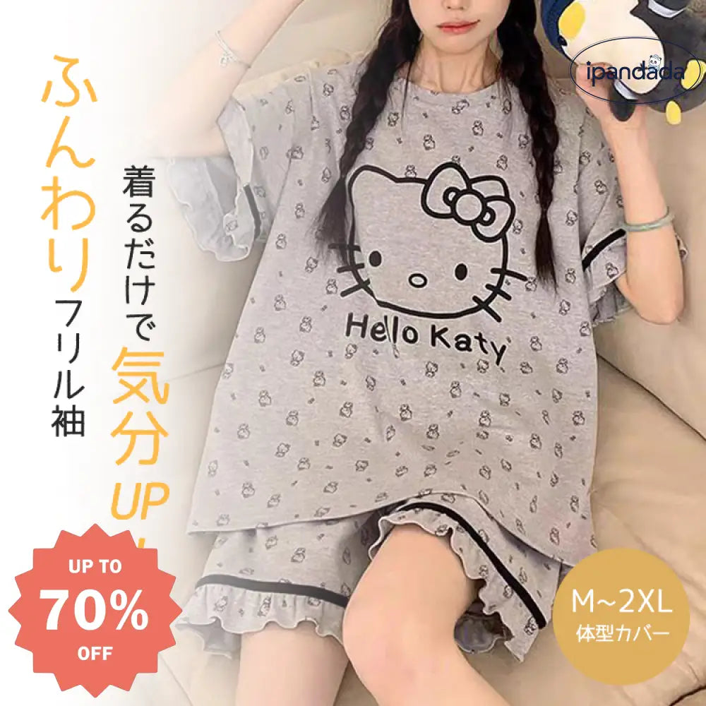 ID884 パジャマ レディース 夏用 可愛い インスタ映え 半袖 ショートパンツ 薄手 快適 柔らかい キュート カートゥーン ハローキティ フリル 学生 ホームウェア ルームウェア 部屋着 レディース＞セットアップ