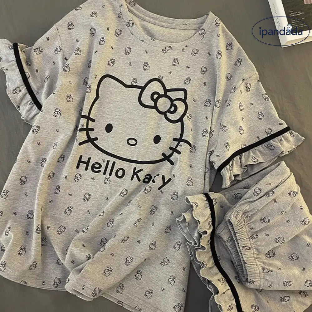 ID884 パジャマ レディース 夏用 和風 半袖 ショートパンツ 薄手 キュート カートゥーン ハローキティ フリル 学生寮 ホームウェア ルームウェア 部屋着 レディース＞セットアップ