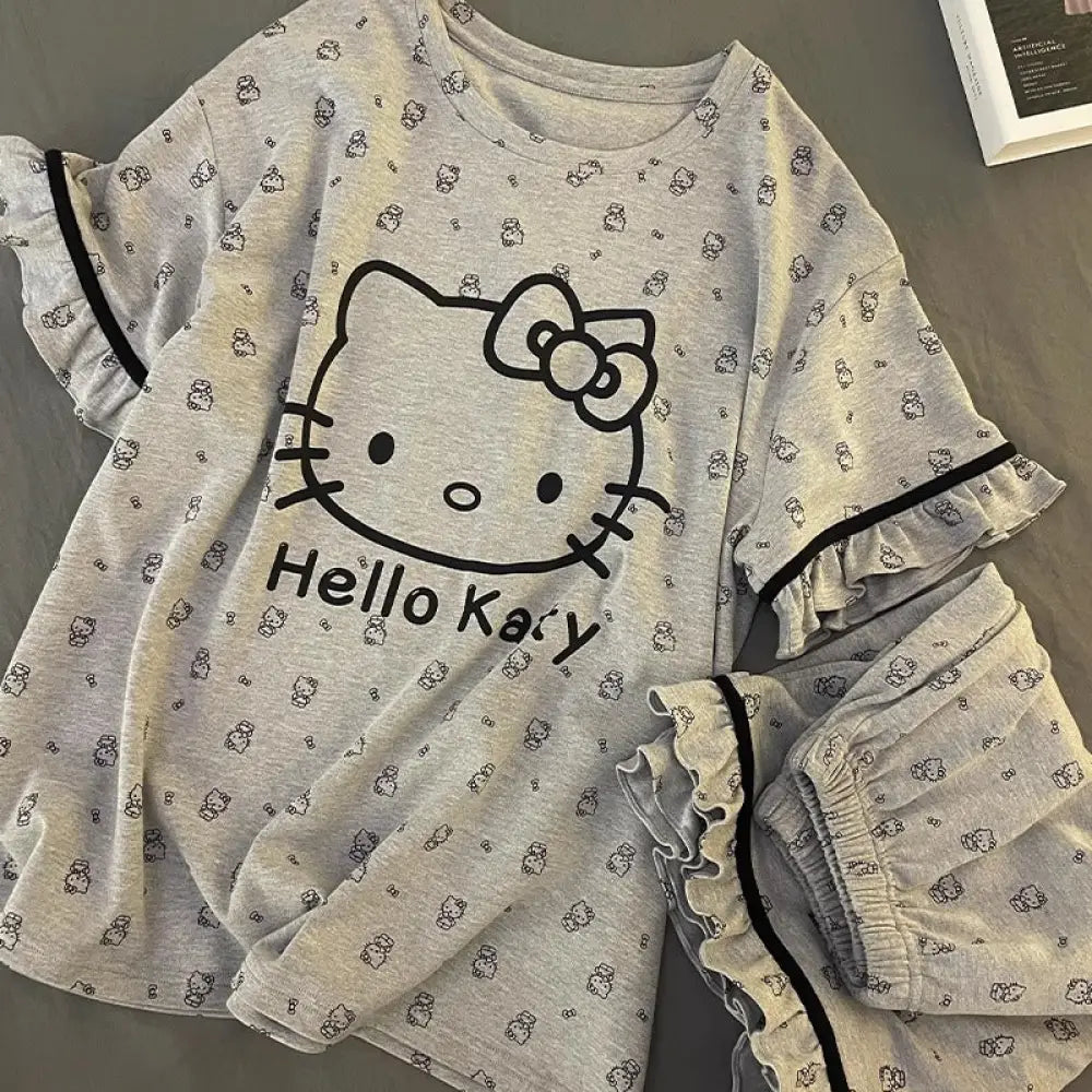 ID884 パジャマ レディース 夏用 和風 半袖 ショートパンツ 薄手 キュート カートゥーン ハローキティ フリル 学生寮 ホームウェア ルームウェア 部屋着 グレー / M レディース＞セットアップ