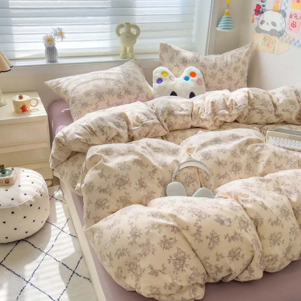 ID930 蝶結柄/チェック柄/花柄 フランネル 水洗いコットン 四点セット 三点セット 掛け布団カバー ベッドシーツ ピローケース 枕カバー おしゃれ ガーリー かわいい 韓国風 シングル セミダブル ダブル クイーン タイプ①