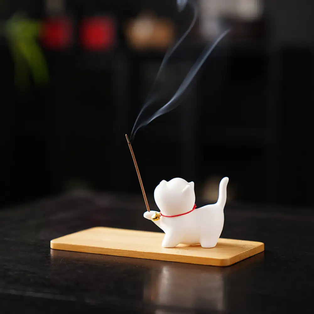 ID783 インセンスホルダー 陶器製 猫 デザイン かわいい ミニサイズ 茶道 茶席 卓上 香り鑑賞 アロマ 工芸品 置物 デコレーション ギフト プレゼント 和風 インテリア セラミック キャット 香立て 手作り風