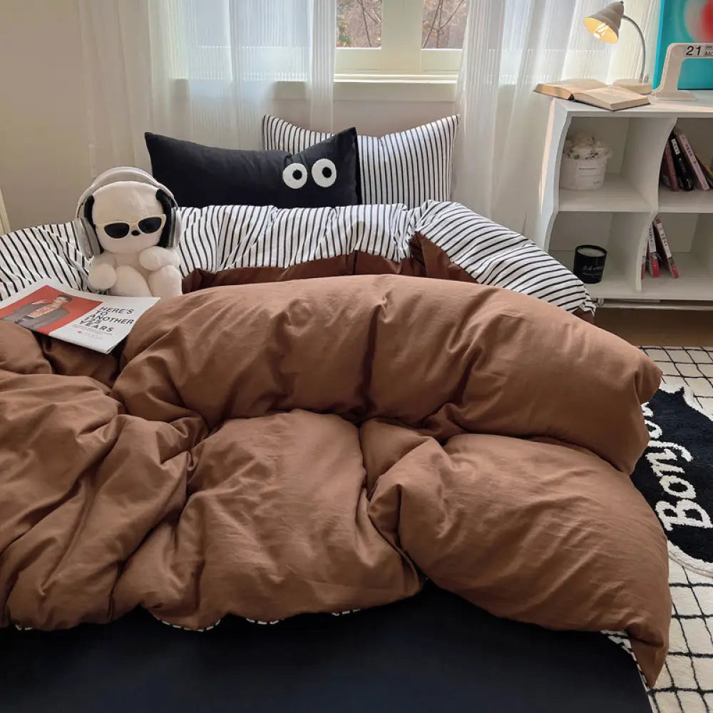 ID714 インスタ風 ビッグアイ デザイン 洗い綿 オーガニックコットン 寝具 4点 セット カラー ブロック 拼色 シーツ ストライプ ストライプ 柄 布団 カバー 肌触り 最高 柔らかくて 快適 通気性 抜群 軽量 ふんわり