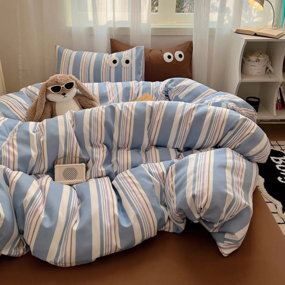 ID714 インスタ風 ビッグアイ デザイン 洗い綿 オーガニックコットン 寝具 4点 セット カラー ブロック 拼色 シーツ ストライプ ストライプ 柄 布団 カバー 肌触り 最高 柔らかくて 快適 通気性 抜群 軽量 ふんわり