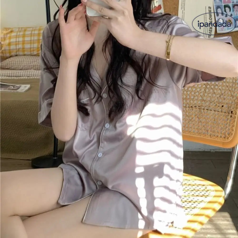 ID1642 インスタ風 夏 薄手 パジャマ レディース キャラクター プリント シルク風 アイスシルク カーディガン 半袖 ルームウェア セット 涼感 通気性 おしゃれ