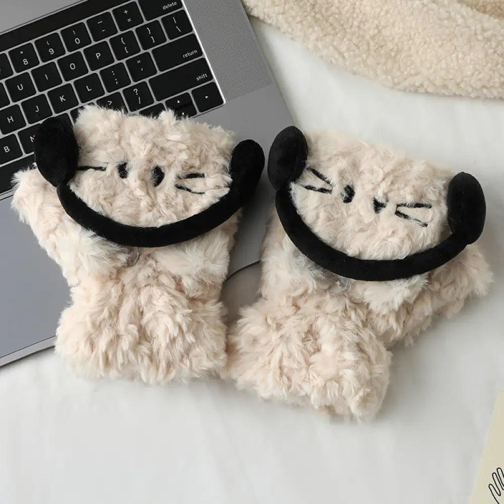 イヤホン猫 フリップカバー 指なし手袋 女性用 秋冬 可愛い オールマッチ 学生 サイクリング 防寒 保温 ID3135 ベージュ / フリー