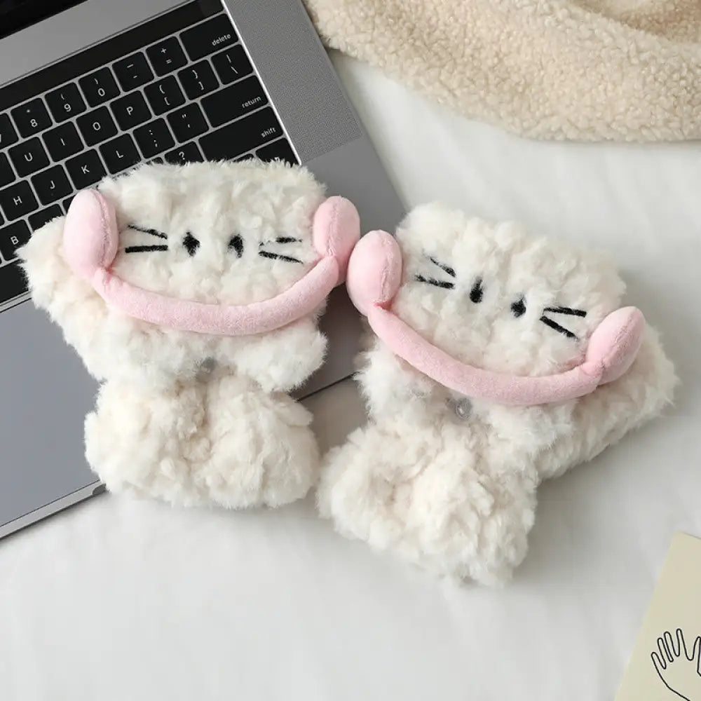 イヤホン猫 フリップカバー 指なし手袋 女性用 秋冬 可愛い オールマッチ 学生 サイクリング 防寒 保温 ID3135 ホワイト / フリー