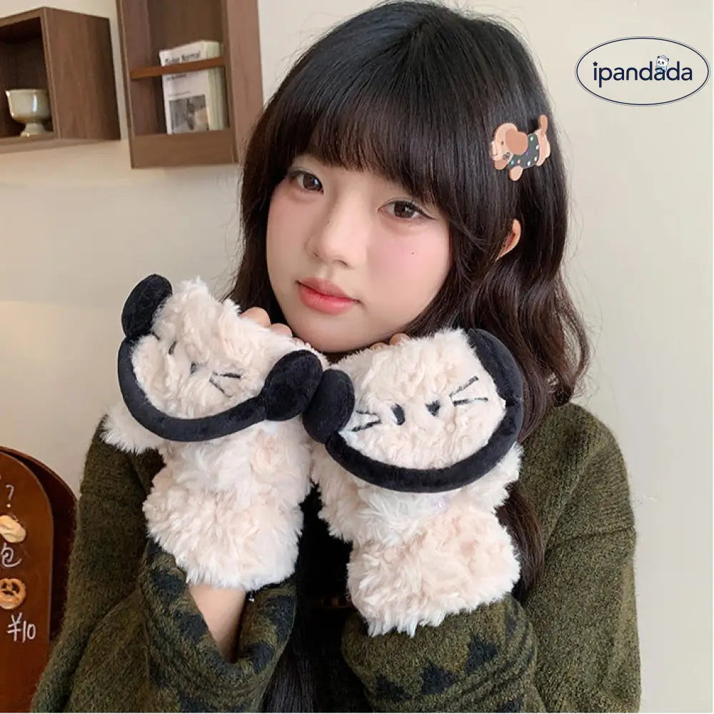 イヤホン猫 フリップカバー 指なし手袋 女性用 秋冬 可愛い オールマッチ 学生 サイクリング 防寒 保温 ID3135