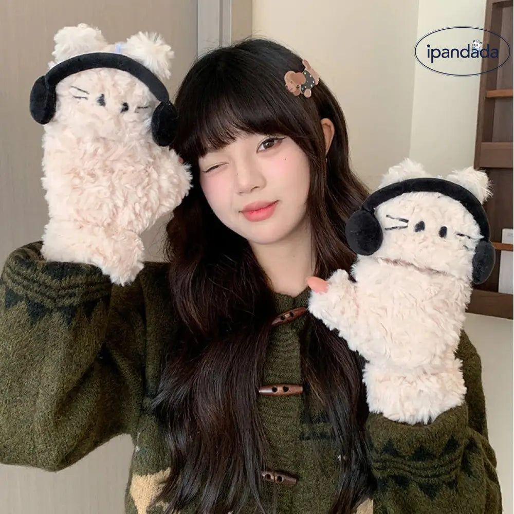 イヤホン猫 フリップカバー 指なし手袋 女性用 秋冬 可愛い オールマッチ 学生 サイクリング 防寒 保温 ID3135