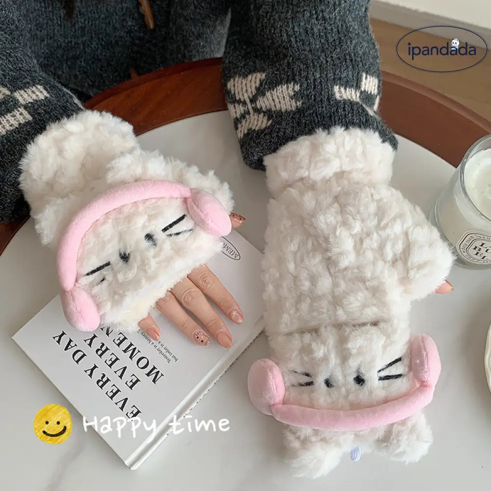 イヤホン猫 フリップカバー 指なし手袋 女性用 秋冬 可愛い オールマッチ 学生 サイクリング 防寒 保温 ID3135