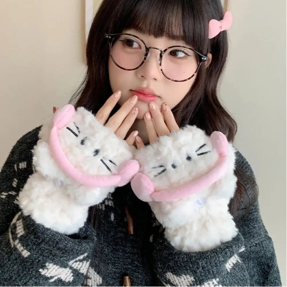 イヤホン猫 フリップカバー 指なし手袋 女性用 秋冬 可愛い オールマッチ 学生 サイクリング 防寒 保温 ID3135