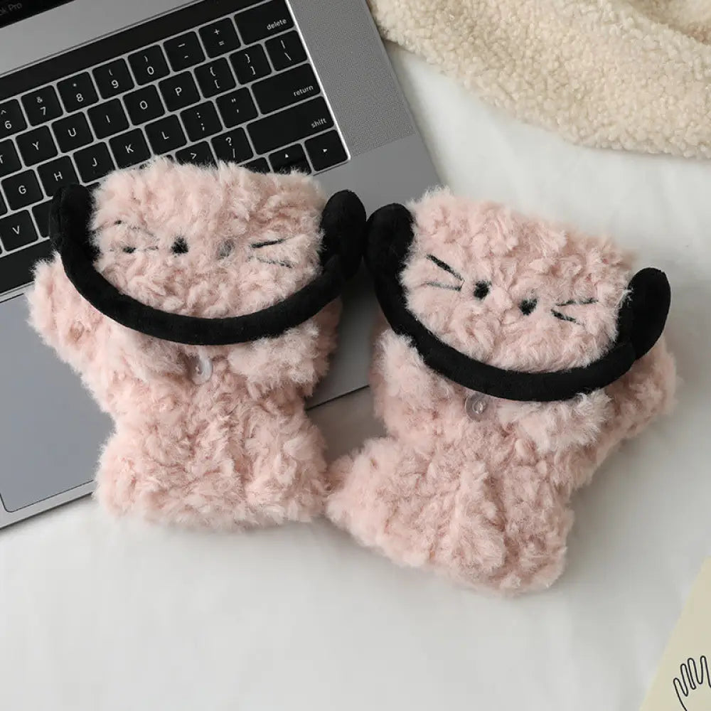 イヤホン猫 フリップカバー 指なし手袋 女性用 秋冬 可愛い オールマッチ 学生 サイクリング 防寒 保温 ID3135 ピンク / フリー