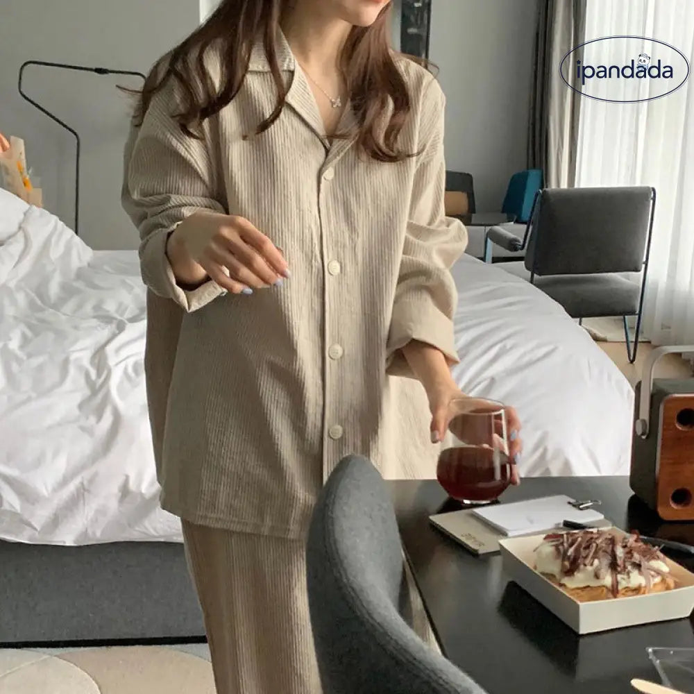 フレンチ風 インスタグラムスタイル シンプル ストライプ 部屋用 長袖 パジャマ レディース カジュアル ルーズ ハウスウェア セット ID2005