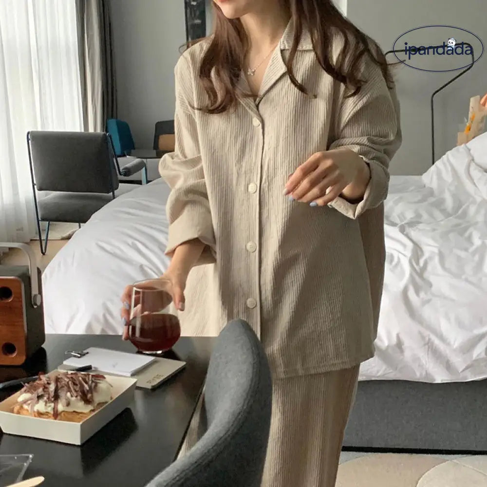 フレンチ風 インスタグラムスタイル シンプル ストライプ 部屋用 長袖 パジャマ レディース カジュアル ルーズ ハウスウェア セット ID2005