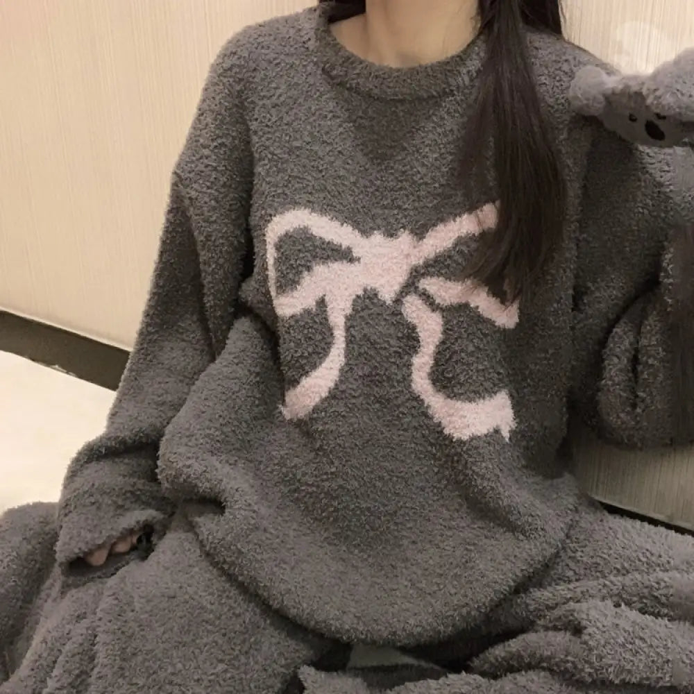 冬 大サイズ ふわふわ フリース パジャマ レディース リボン シンプル 秋冬 厚手 ホームウェア 暖かい 柔らかい 保温 快適 おしゃれ ルームウェア 自宅用 リラックス ID3008 グレー / M レディース＞セットアップ