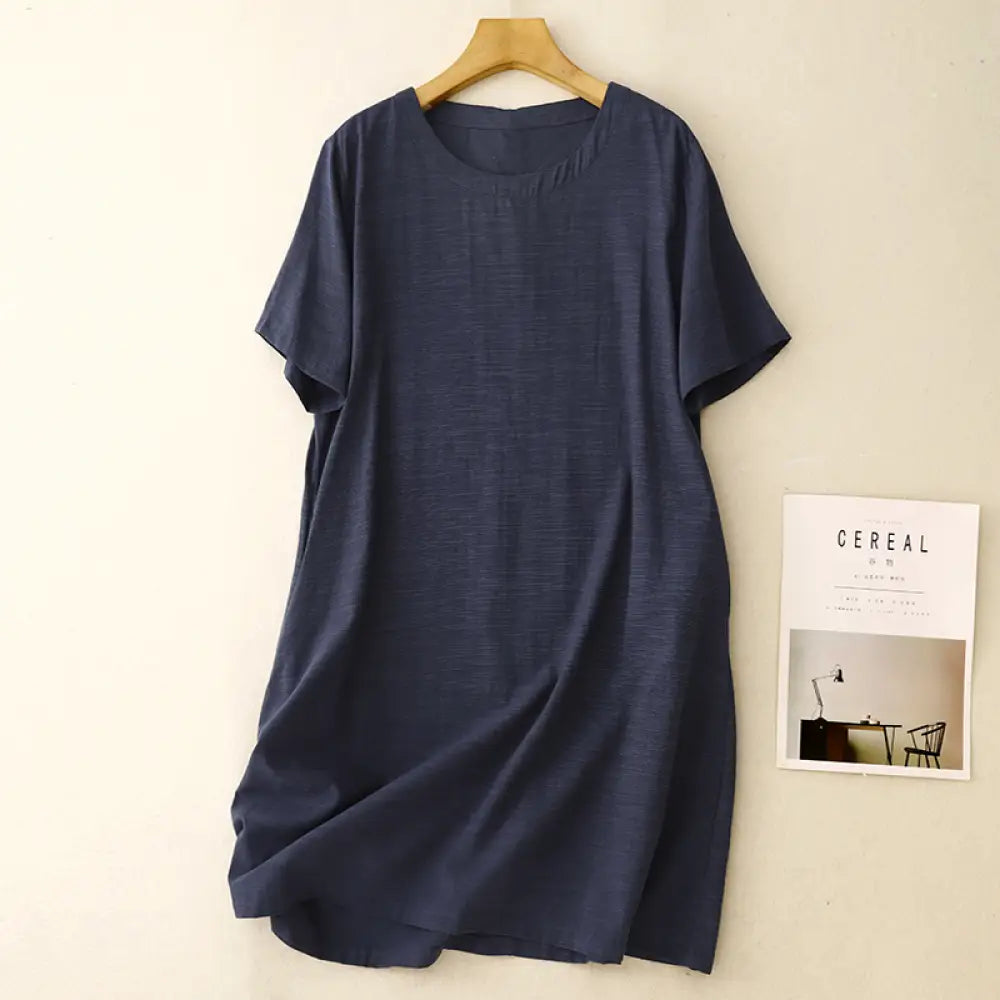 ID1711 シンプル 無地 綿麻 ワンピース 女性用 夏用 ミディ丈 カジュアル 若返り お腹隠し スリム見え リネン Tシャツドレス ネイビー / M 外出着>ワンピース