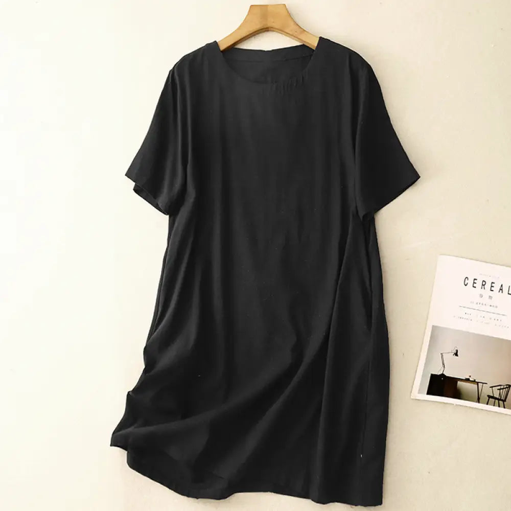 ID1711 シンプル 無地 綿麻 ワンピース 女性用 夏用 ミディ丈 カジュアル 若返り お腹隠し スリム見え リネン Tシャツドレス ブラック / M 外出着>ワンピース