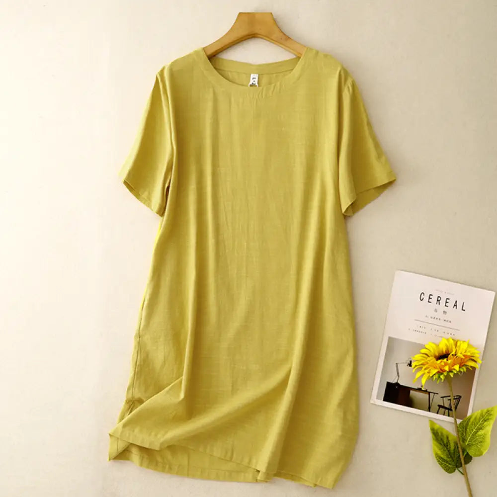 ID1711 シンプル 無地 綿麻 ワンピース 女性用 夏用 ミディ丈 カジュアル 若返り お腹隠し スリム見え リネン Tシャツドレス イエロー / M 外出着>ワンピース