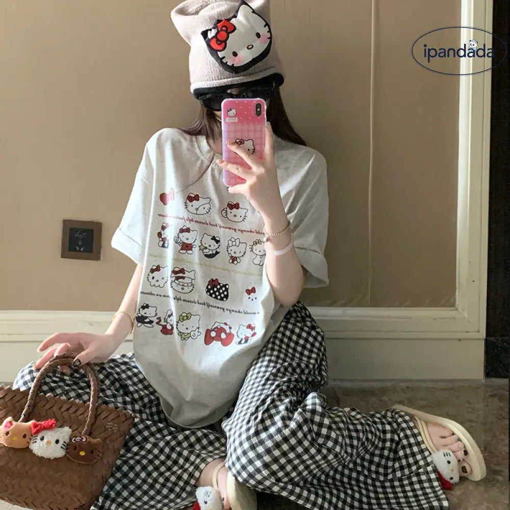 ID791 パジャマ レディース 春 新作 チェック柄 キュート 猫 プリント ラウンドネック 半袖 長ズボン 薄手 綿100% カートゥーン カジュアル ホームウェア ルームウェア 外出対応 セット 涼感 通気性抜群 洗濯可能 部屋着