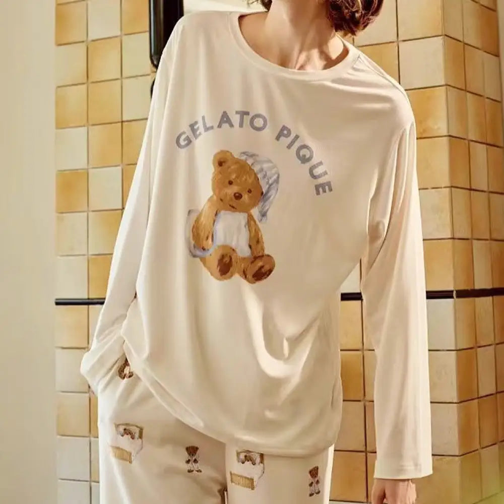 ルームウェア 上下セット 韓国 2色 レディース セット アプリ くま クマ おしゃれ かわいい パンツ 長袖 Tシャツ 綿 レディース ホワイト / フリー レディース＞セットアップ