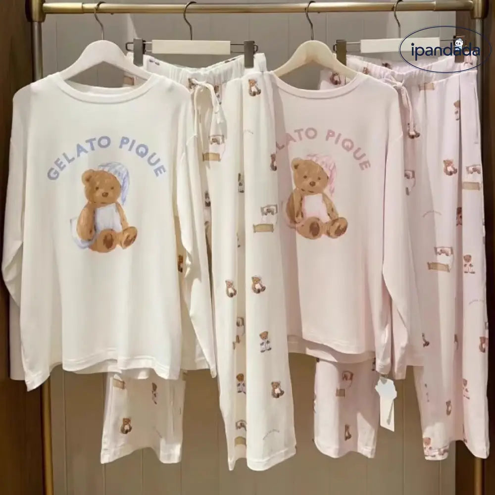 ルームウェア 上下セット 韓国 2色 レディース セット アプリ くま クマ おしゃれ かわいい パンツ 長袖 Tシャツ 綿 レディース レディース＞セットアップ