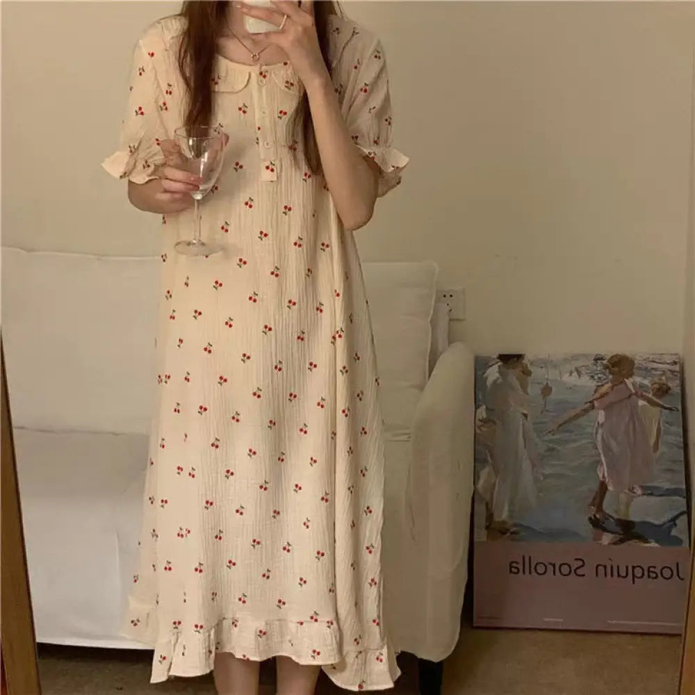 インスタ風 ルームウェア レディース 夏用 薄手 パフスリーブ ミディ丈 ナイトドレス ゆったり ショートスリーブ かわいい 学生用 パジャマ ID1809 タイプ⑤ / M レディース>ワンピース