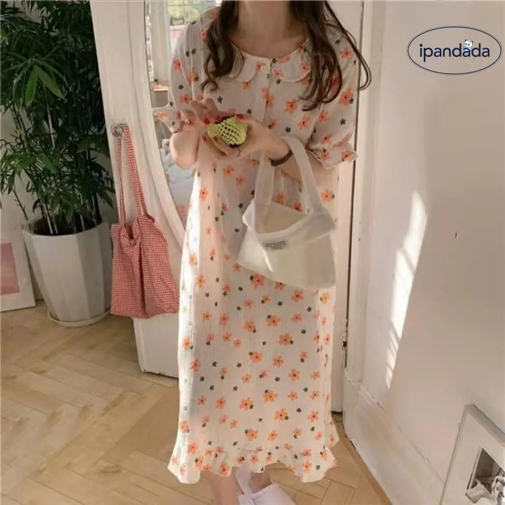インスタ風 ルームウェア レディース 夏用 薄手 パフスリーブ ミディ丈 ナイトドレス ゆったり ショートスリーブ かわいい 学生用 パジャマ ID1809