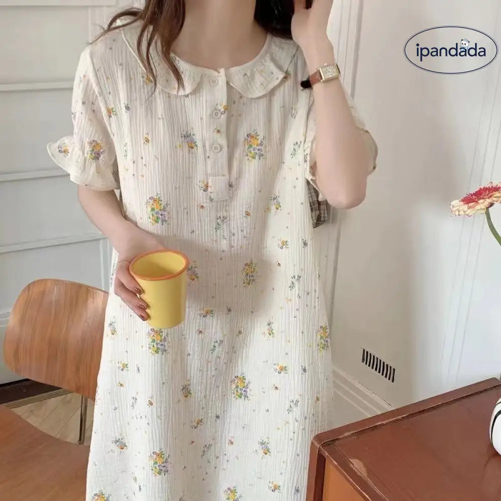 インスタ風 ルームウェア レディース 夏用 薄手 パフスリーブ ミディ丈 ナイトドレス ゆったり ショートスリーブ かわいい 学生用 パジャマ ID1809
