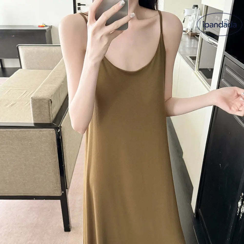 ID1522 レディース レーヨン素材 ふんわり肌なじみ パッド縫い込み ストラップワンピース 清楚セクシー 薄手涼感 おうちリラックス おしゃれ 外出対応
