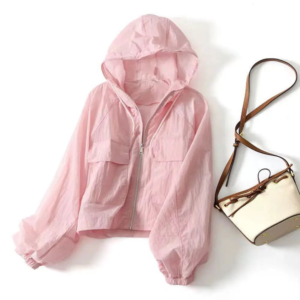 ID1079 UVカット 女性用 アウター 夏用 新作 フード付き ロングスリーブ ショート丈 超薄手 通気性 大型ポケット カジュアル トレンド ピンク / S 外出着＞アウター