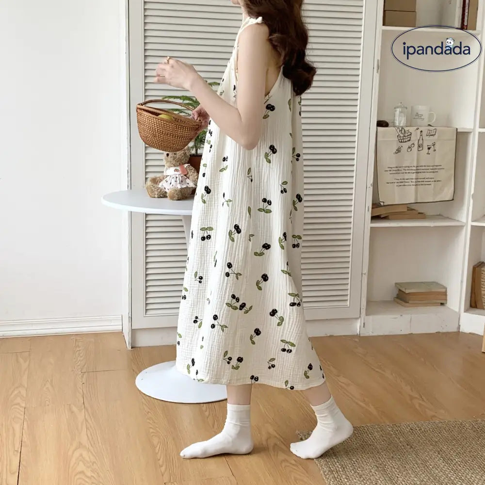 ID844 ナイトドレス レディース 綿100% ガーゼ ストラップ 薄手 夏用 チェリーモチーフ アジャスタブルストラップ 外出対応 ホームウェア ルームウェア 部屋着 肌に優しい 通気性抜群 洗濯可能 レディース＞ワンピース