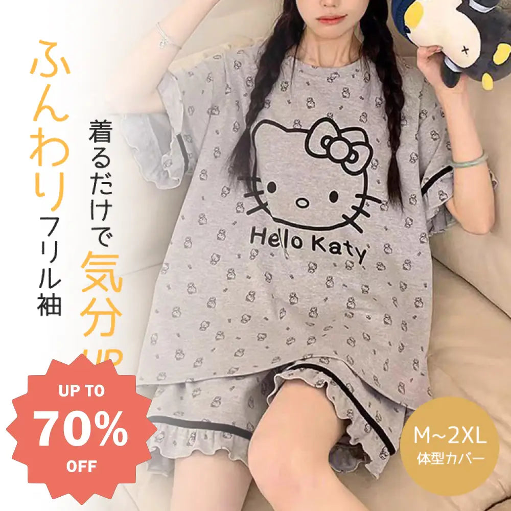 ID884 パジャマ レディース 夏用 可愛い インスタ映え 半袖 ショートパンツ 薄手 快適 柔らかい キュート カートゥーン ハローキティ フリル 学生 ホームウェア ルームウェア 部屋着 レディース＞セットアップ