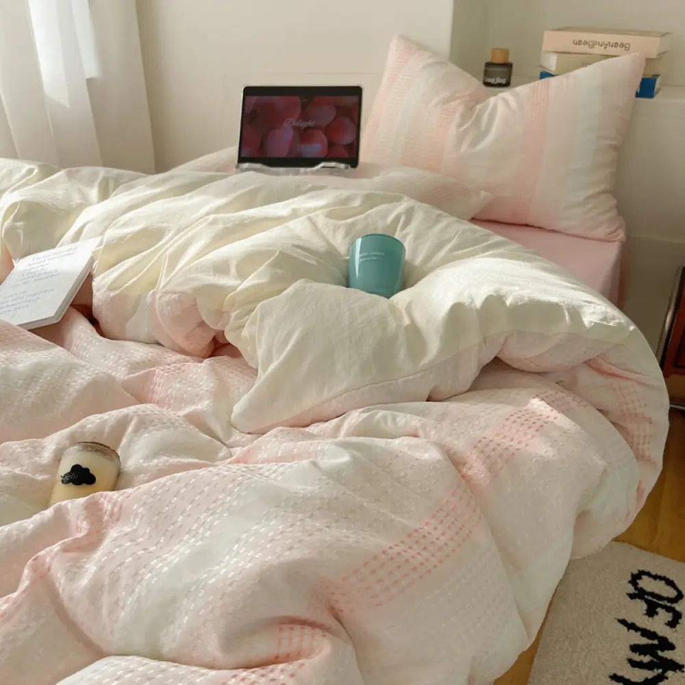 ID933 7色展開 ワッフル生地 水洗いコットン 綿100% 四点セット 三点セット 掛け布団カバー ベッドシーツ ピローケース 無地 シンプル おしゃれ ナチュラル 韓国風 シングル セミダブル ダブル クイーン タイプ⑤