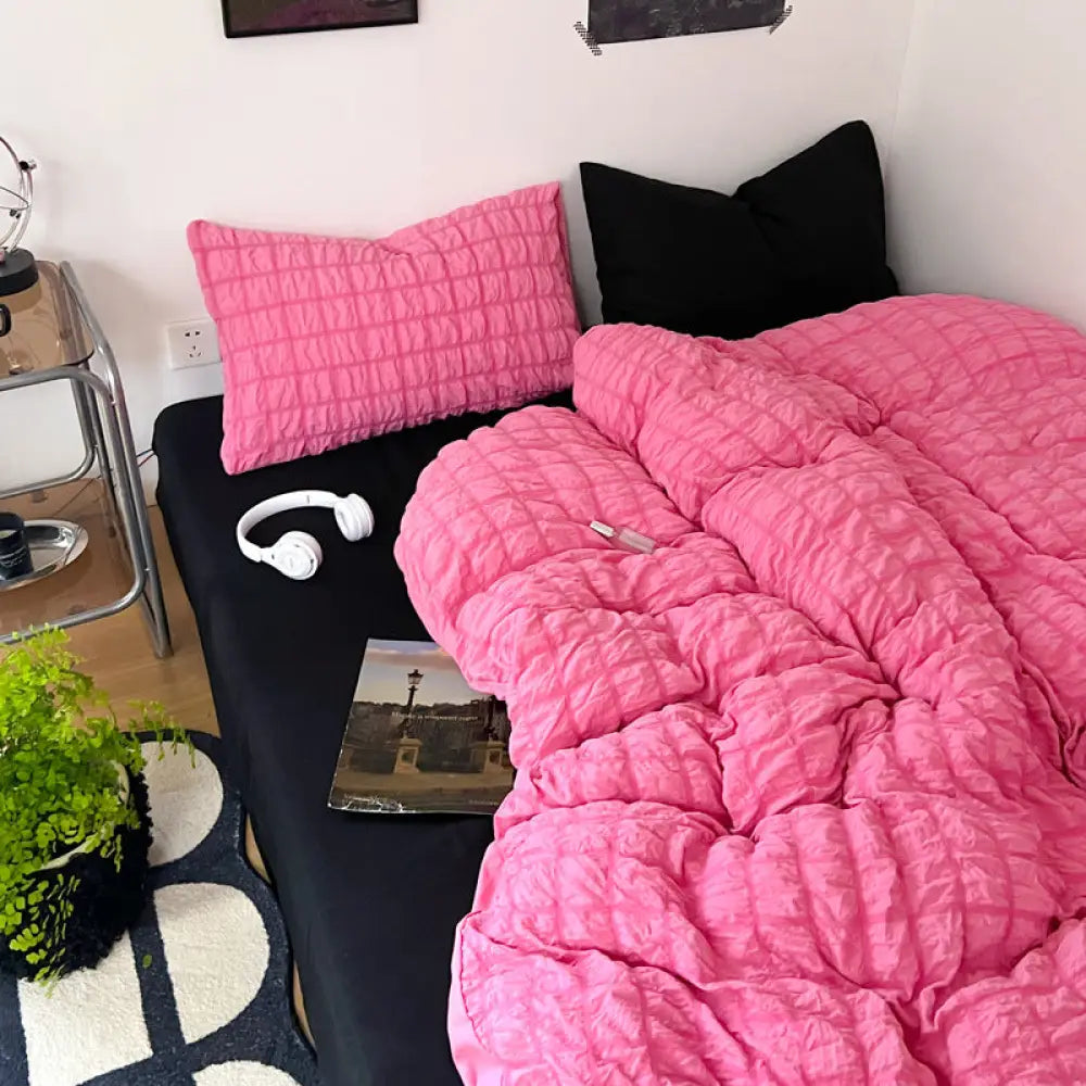 ID712 バブル ガーゼ 寝具 4点セット 夏 肌触りいい 快眠 安眠 サラサラ 柔らかい 快適 ベッドシーツ シンプル 掛け布団カバー おしゃれ ルームウェア ブラック&ピンク / 1.5m（掛けカバー150*200