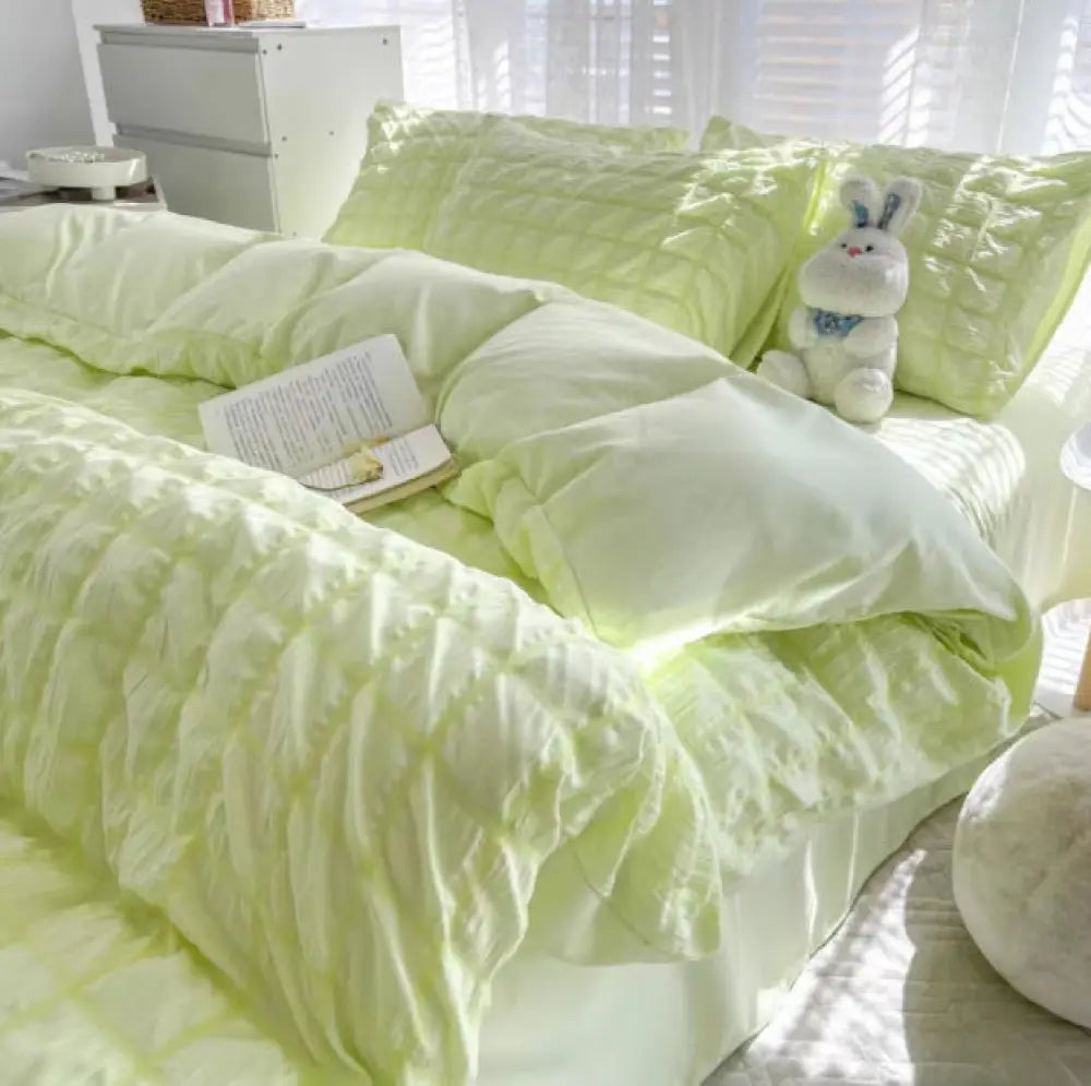 ID712 バブル ガーゼ 寝具 4点セット 夏 肌触りいい 快眠 安眠 サラサラ 柔らかい 快適 ベッドシーツ シンプル 掛け布団カバー おしゃれ ルームウェア グリーン / 1.5m（掛けカバー150*200