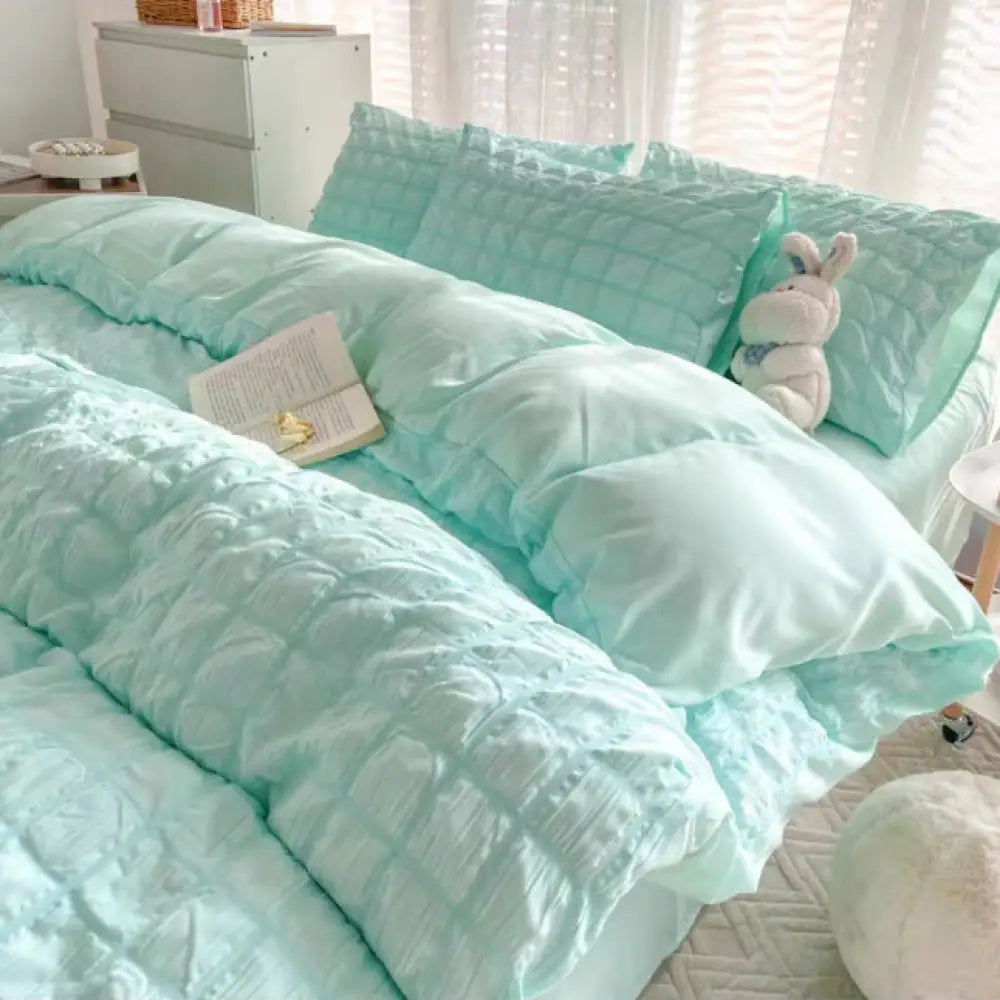 ID712 バブル ガーゼ 寝具 4点セット 夏 肌触りいい 快眠 安眠 サラサラ 柔らかい 快適 ベッドシーツ シンプル 掛け布団カバー おしゃれ ルームウェア ブルー / 1.5m（掛けカバー150*200