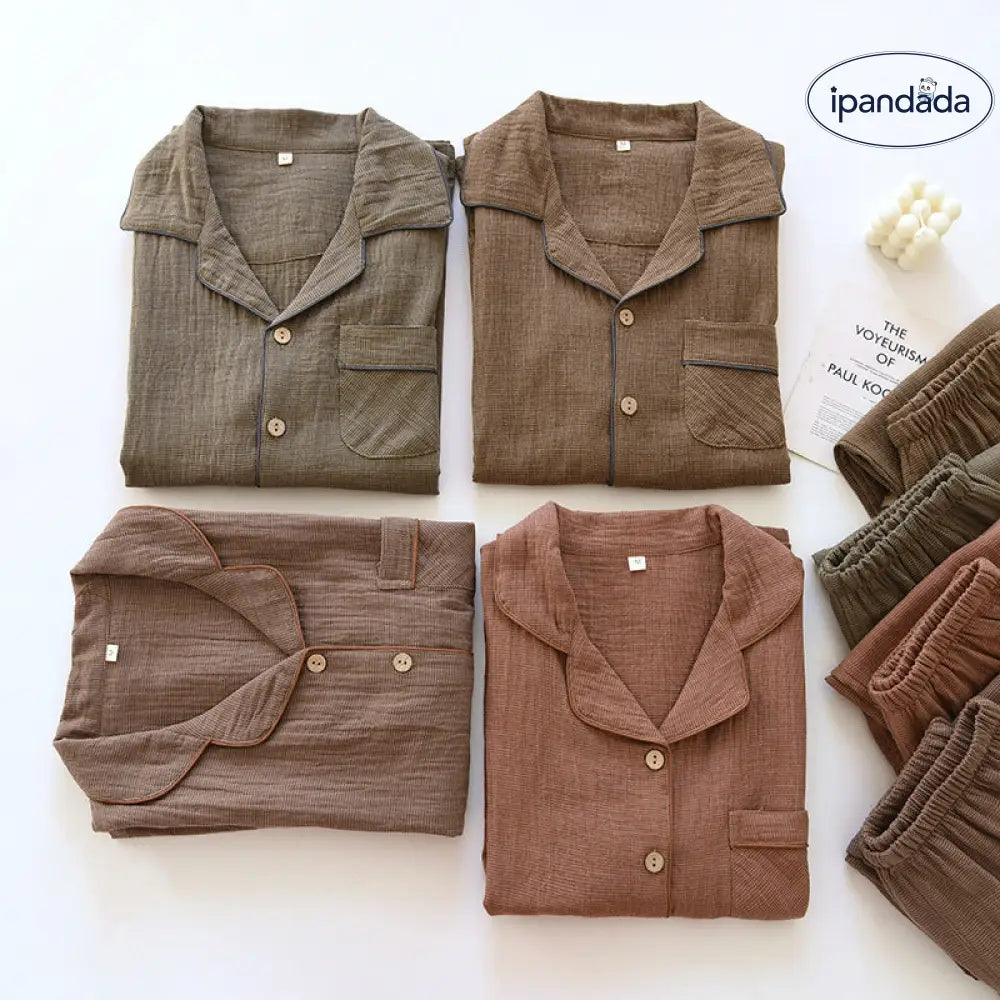 春秋 二重ガーゼ カップル パジャマ レディース 綿100% 部屋着 敬老の日 チェック 全棉 色織り 薄手 メンズ シンプル ルームウェア ID2202