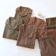 春秋 二重ガーゼ カップル パジャマ レディース 綿100% 部屋着 敬老の日 チェック 全棉 色織り 薄手 メンズ シンプル ルームウェア ID2202