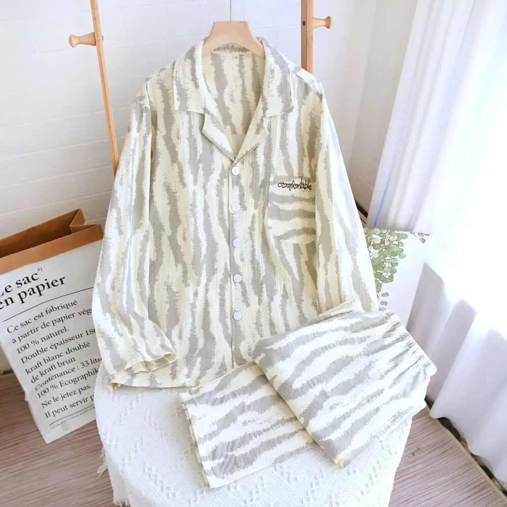 春夏秋 新作 カップルセット 小清新 かわいい 長袖 長ズボン パジャマ 全棉 シワ布 シンプル ハウスウェア 部屋着 ID1999 男性 ライトグレー / M カップル>セットアップ
