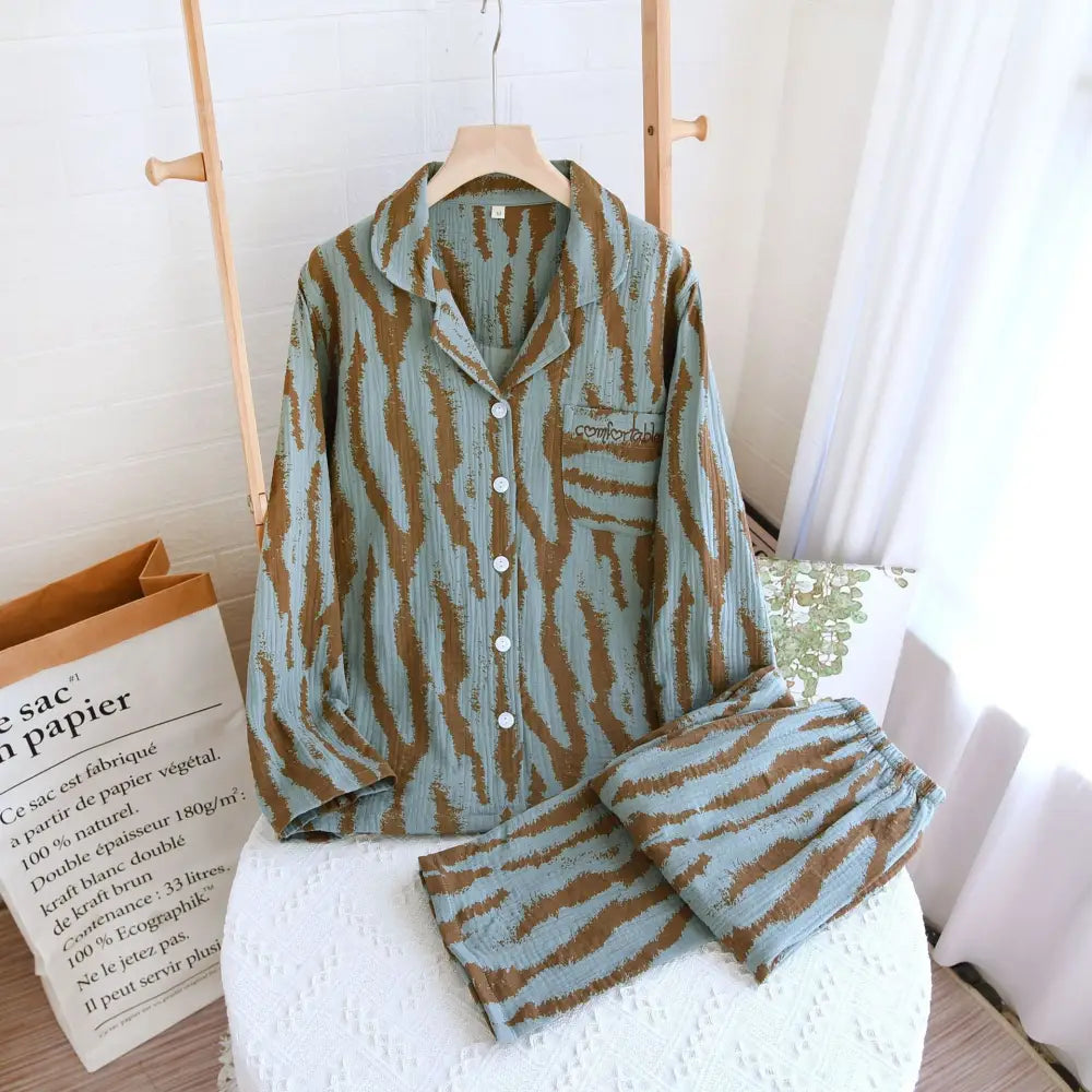 春夏秋 新作 カップルセット 小清新 かわいい 長袖 長ズボン パジャマ 全棉 シワ布 シンプル ハウスウェア 部屋着 ID1999 女性 グリーン / M カップル>セットアップ