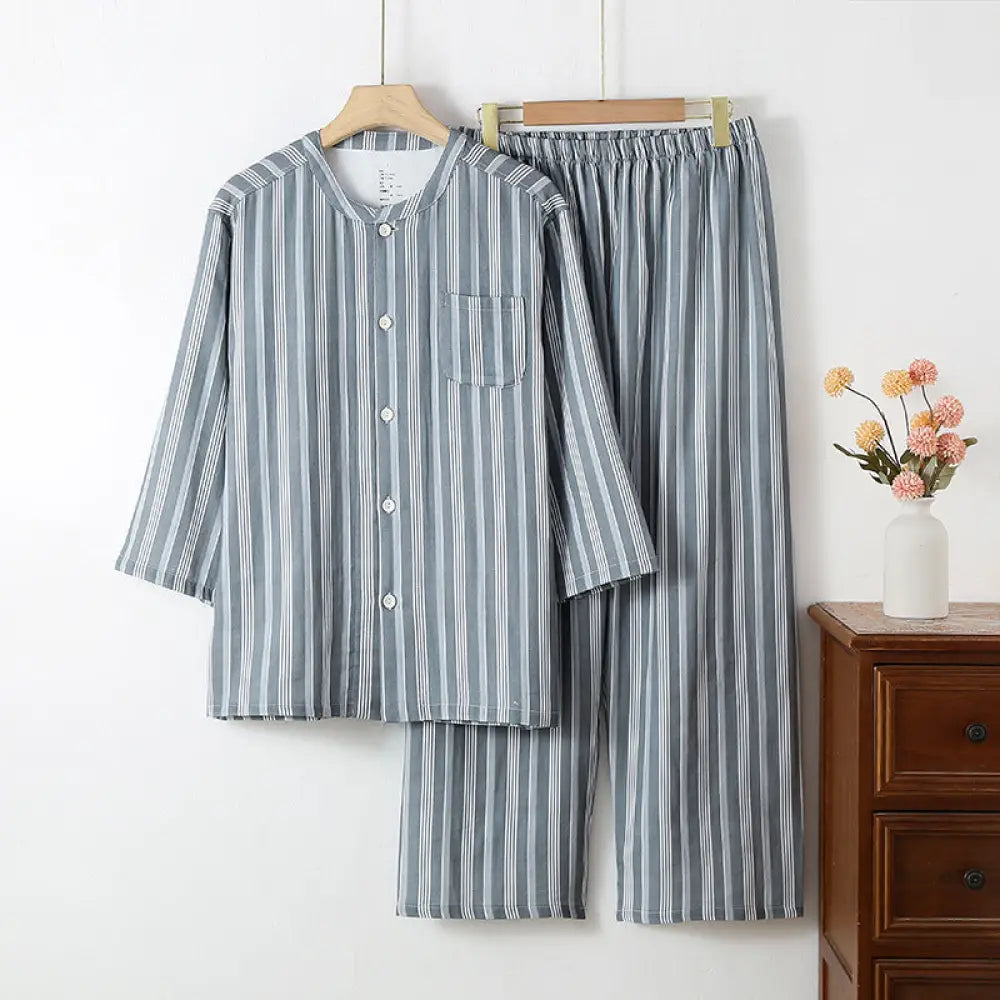 ダブルガーゼ ストライプ パジャマセット カップル 綿100% 薄手 シンプル 春 夏 秋 部屋着 メンズ レディース ID1896 グレー / メンズM レディース>セットアップ