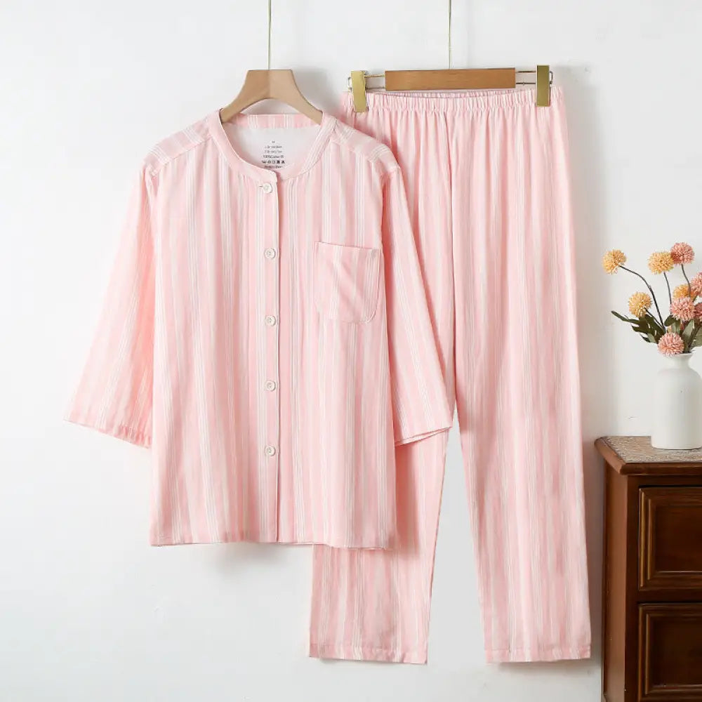 ダブルガーゼ ストライプ パジャマセット カップル 綿100% 薄手 シンプル 春 夏 秋 部屋着 メンズ レディース ID1896 ピンク / レディースＭ レディース>セットアップ