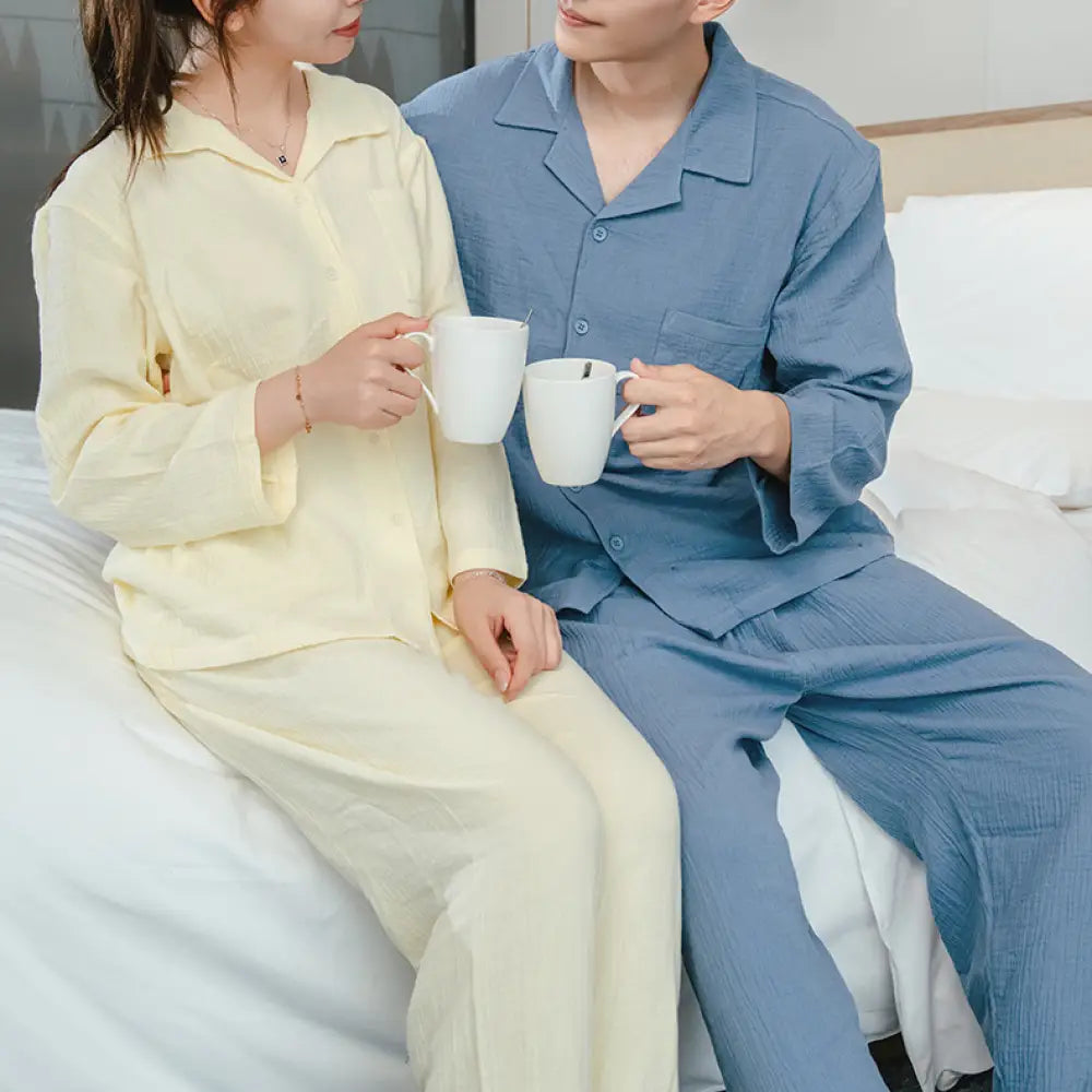 ダブルレイヤー コットン パジャマ 春秋 カップル シンプル 家庭服 長袖 長パンツ セット 春用 外出可 ペア 部屋着 ID2239 カップル＞セットアップ