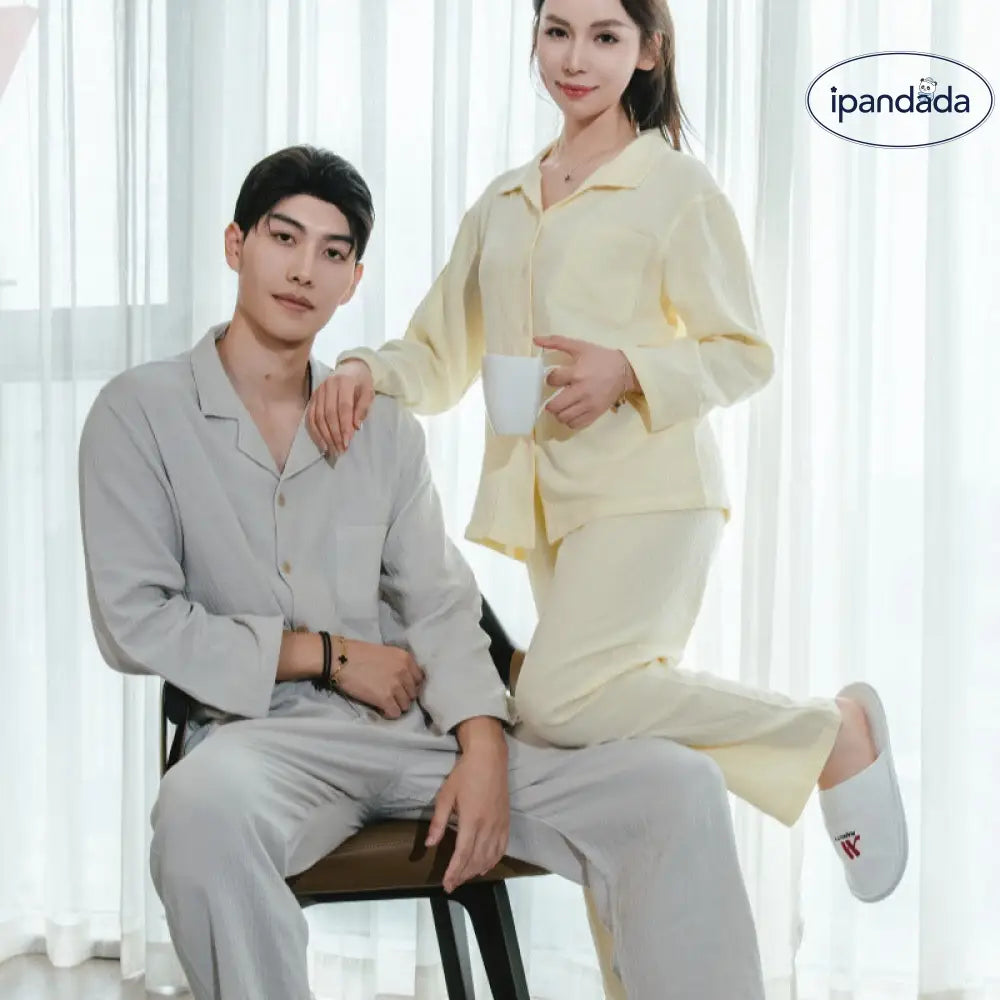 ダブルレイヤー コットン パジャマ 春秋 カップル シンプル 家庭服 長袖 長パンツ セット 春用 外出可 ペア 部屋着 ID2239 カップル＞セットアップ