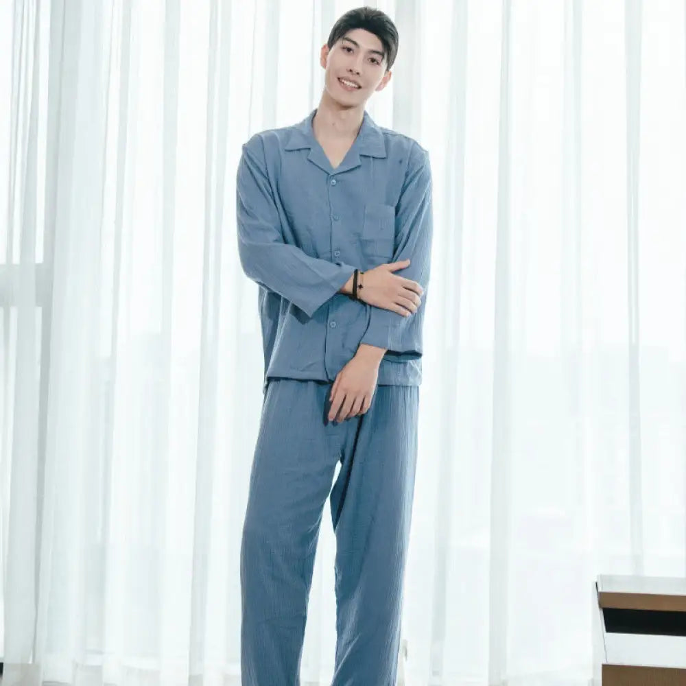 ダブルレイヤー コットン パジャマ 春秋 カップル 家庭服 長袖 長パンツ セット 春用 外出可 ペア 部屋着 ID2239 男性 ブルー / メンズL カップル＞セットアップ