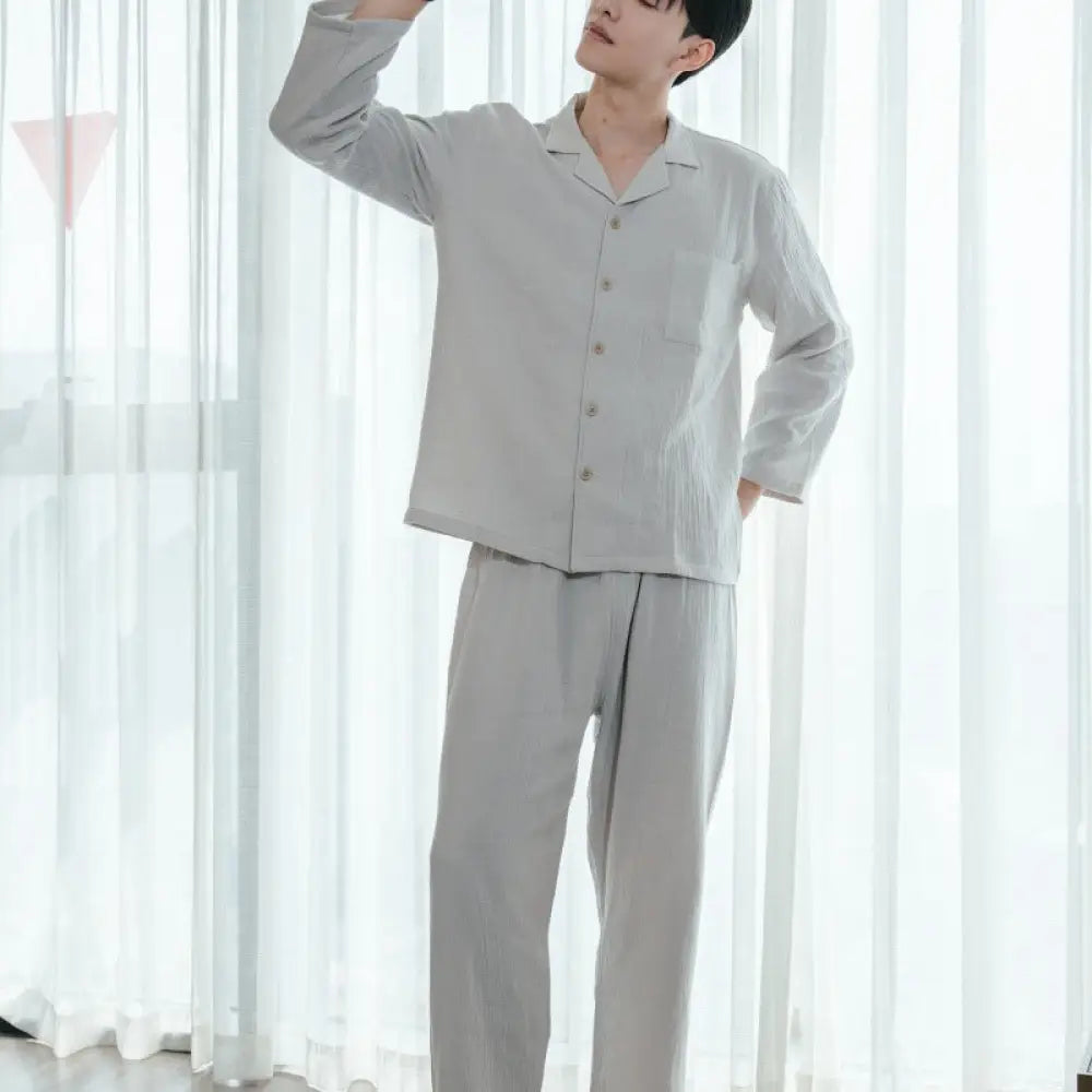 ダブルレイヤー コットン パジャマ 春秋 カップル 家庭服 長袖 長パンツ セット 春用 外出可 ペア 部屋着 ID2239 男性 グレー / メンズL カップル＞セットアップ